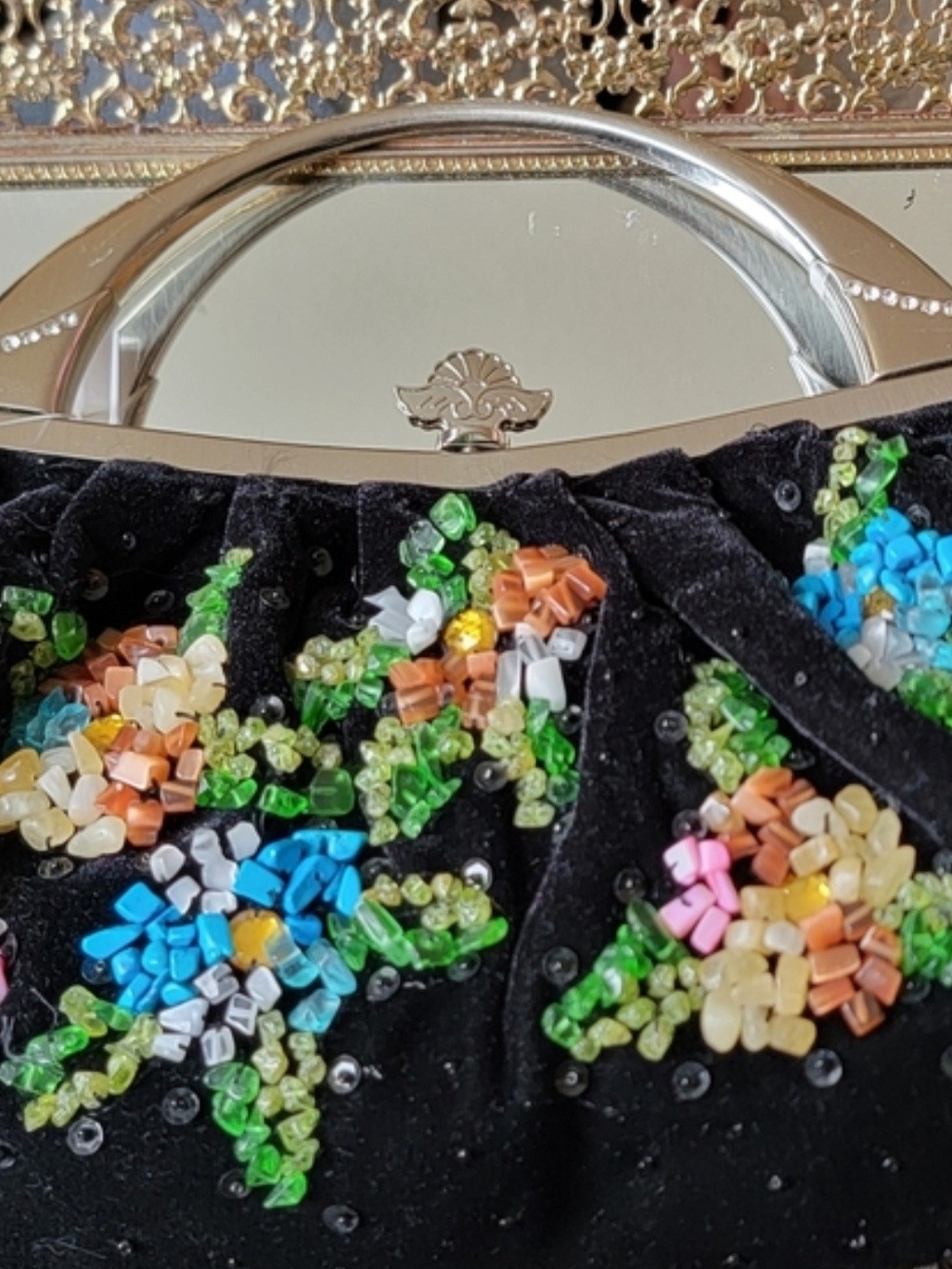 Beaded Black Velvet Evening Clutch with Multicolor Floral Accents